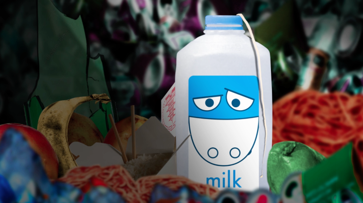A still of an animation featuring a sad blue and white anthropomorphic milk carton in a pile of trash.