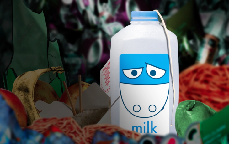 A still of an animation featuring a sad blue and white anthropomorphic milk carton in a pile of trash.